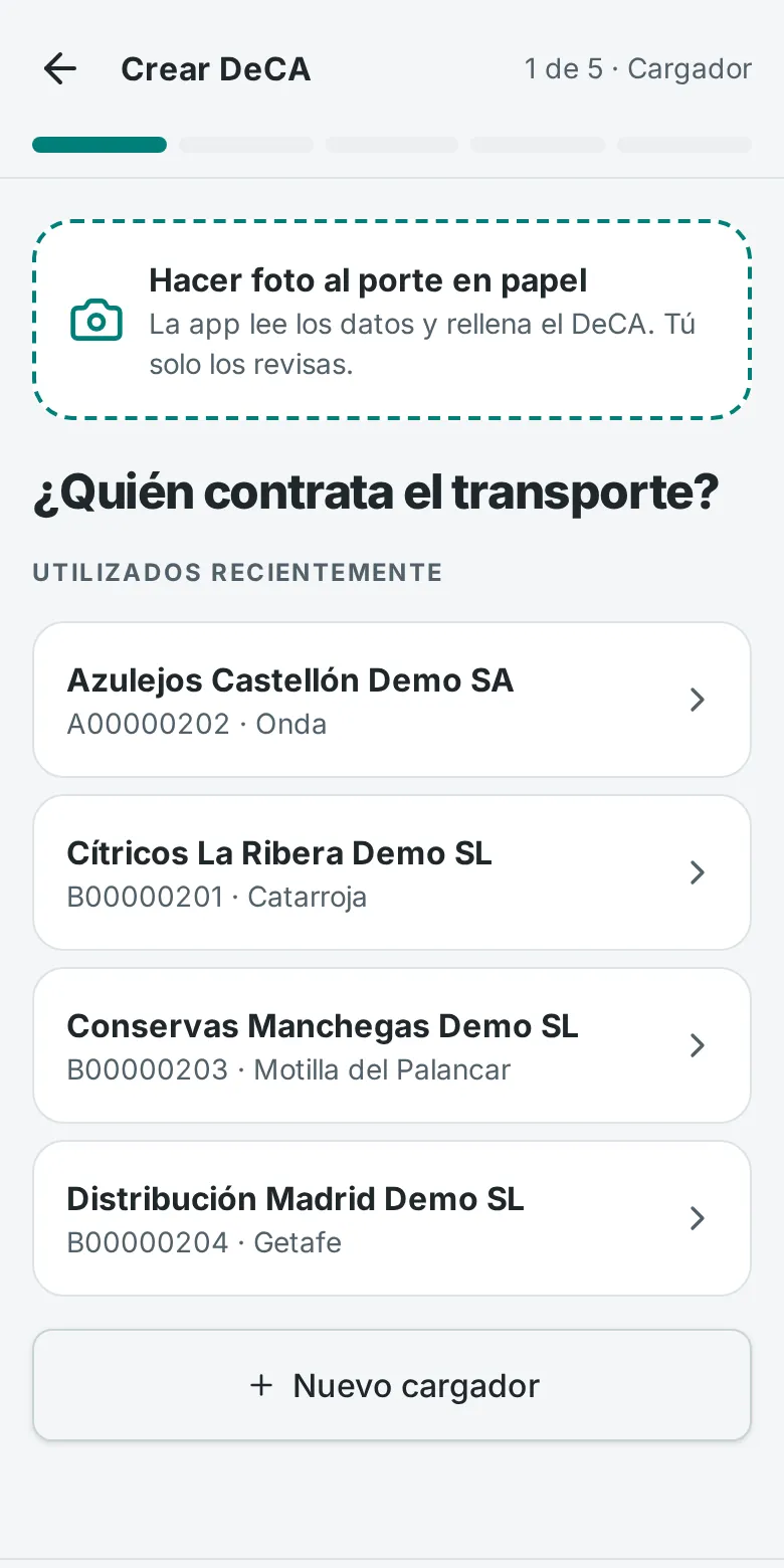 Primer paso de Crear DeCA: elegir el cargador o hacer foto a un porte en papel