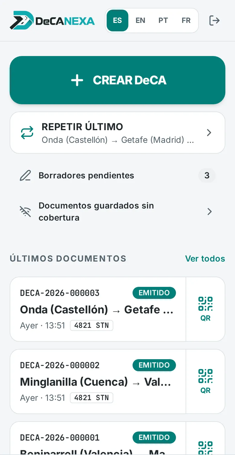 Inicio de DeCA NEXA con el acceso a Documentos guardados sin cobertura